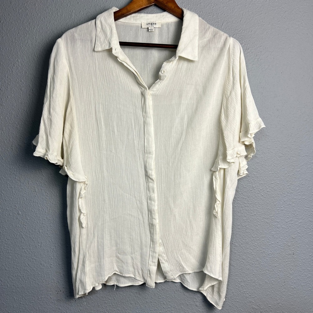 Umgee Ruffle Flutter Sleeve Button Down Cottagecore Lightweight Blouse Shirt L